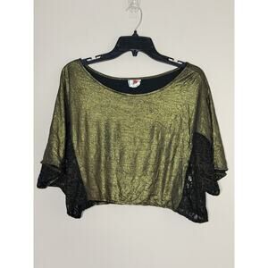 Free People Black Lace and Gold Foil New Years Top Short Dolman Sleeve Size XS